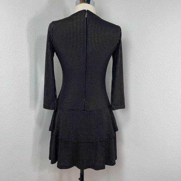 Michael Michael Kors Black Gold Studded Dress XS Drop Waist Flounces 3/4 Sleeves - Picture 9 of 13